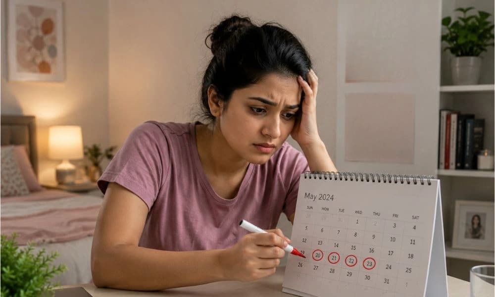 PCOS can cause irregular periods, acne, weight gain, excess facial hair, and fertility issues. Early consultation can help manage hormonal imbalance and improve pregnancy chances.